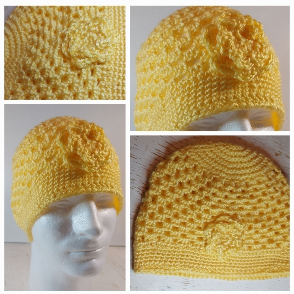 Pretty Yellow Adult Beanie Handmade Crochet Hat Winter Christmas Gift Warm